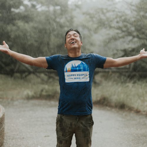 t-shirt model caught in the rain