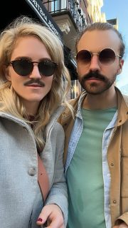 lauren berndt and myself outside with a snapchat mustache filter