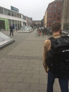 me walking with a large backpack through the streets of copenhagen