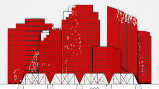 red grungy skyline of grand rapids