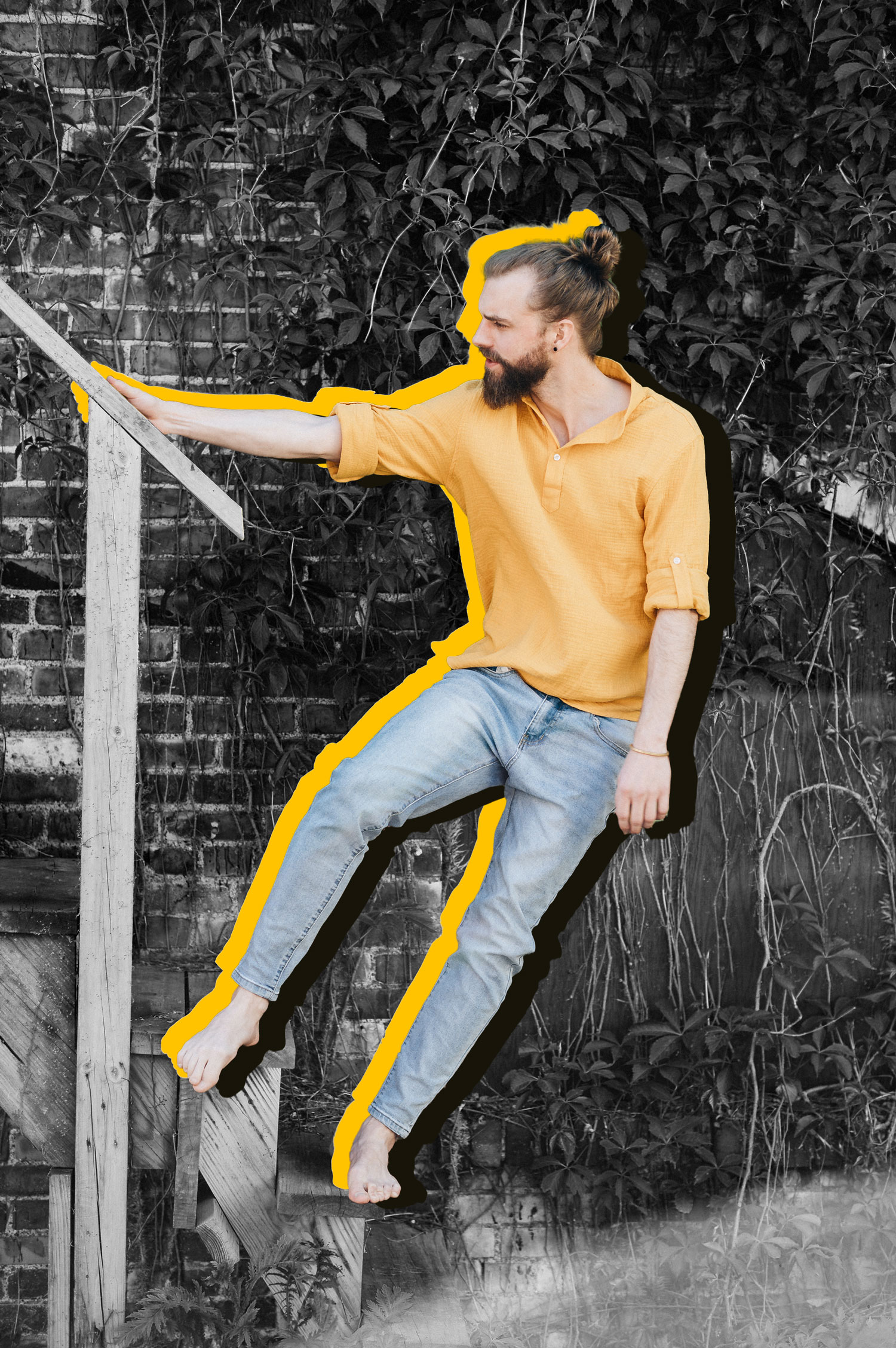 yellow & black design of me hanging on a stair rail